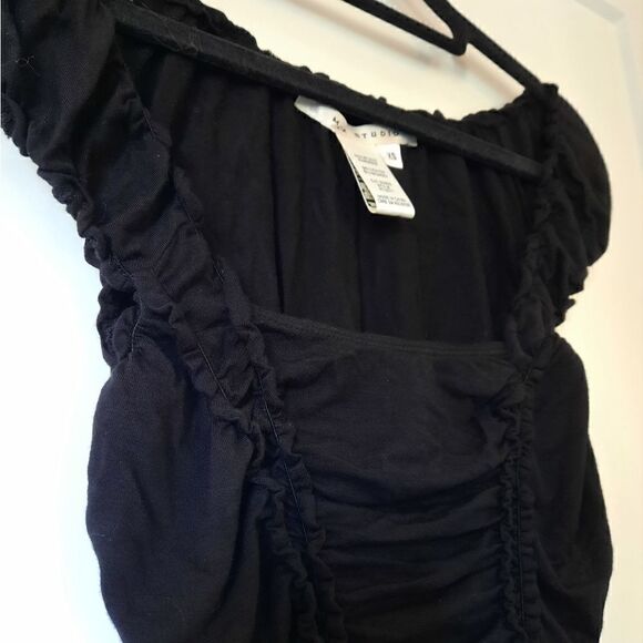 Max Studio Cap Sleeve Square Neck Ruched Ruffle Top Black - Picture 6 of 16